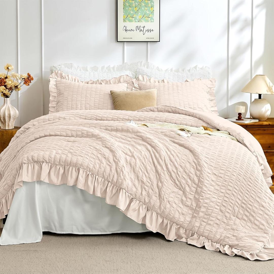 JOLLYVOGUE Ivory Queen Comforter Set, 3 Pieces Seersucker Comforters Queen Size, Lightweight & Fluffy Bedding Sets Queen for All Season with 1 Ruffle Comforter and 2 Ruffle Pillowshams