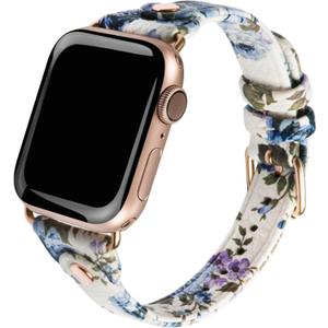 Printed Flower Pattern Leather Band Compatible with Apple Watch Bands 38 40 41 42 44 45 46 49mm for Women, Slim Replacement Strap for iWatch Ultra Series 10/9/8/7/6/5/4/3/2/1/SE