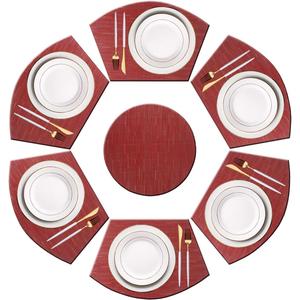 PIGCHCY Wedge Shaped Placemats Set of 6 with Centerpiece Round Mats Washable Kitchen Placemats Heat-Resistant Table Mats (Burgundy Red)
