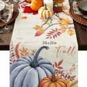 Hello Fall Table Runner Dresser Scarf 13 x 72 Inch Thanksgiving Harvest Pumpkin Maple Leaves Table Runners Non-Slip Heat Insulation Kitchen Dining Table Decor for Autumn Holiday Party Indoor Outdoor (Beige Orange Blue)