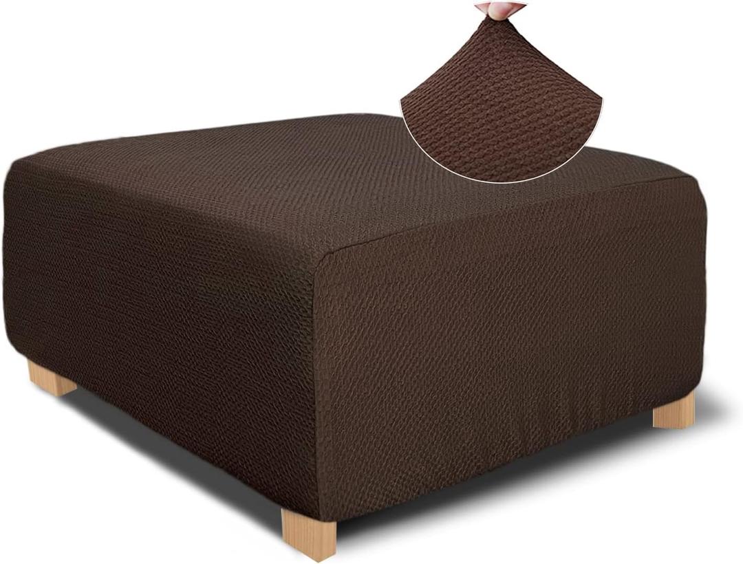 NeColorLife Rectangle Ottoman Cover Jacquard Fabric Slipcover Thick Stretchable Footrest Stool Covers for Oversized Square and Rectangle Ottoman, Medium, Brown