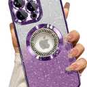 Misscase for iPhone 15 Pro Max Magnetic Glitter Case Compatible with MagSafe,Full Protection Slim Shockproof Anti-Scratch Case with Camera Lens Protector Logo View Dust-Proof Net for Women, Purple