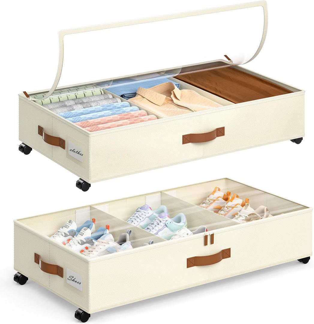 Yecaye Under Bed Storage with Wheels, 2 Pack Under Bed Storage Containers with Adjustable Dividers & Clear Lid, Rolling Underbed Organizer Bins Drawer for Clothes, Shoes, Blankets(30.3 x 16 x 6.7in) (Beige)