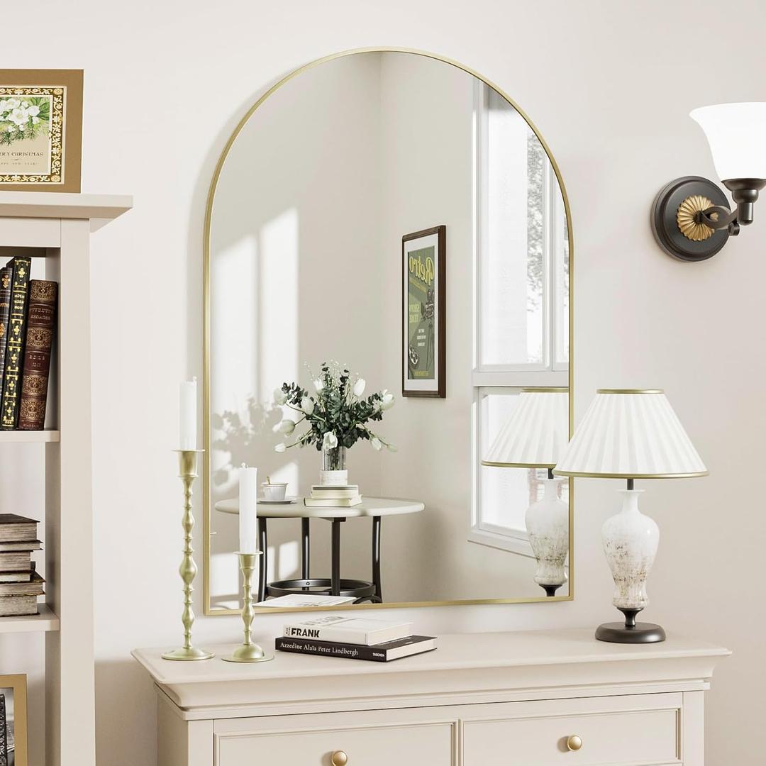 Rowjut Gold Arched Bathroom Mirror for Wall-36"X24" Wall Mirror for Living Room, Bedroom, Bathroom, Dressing Room Hanging Vanity Mirror for Wall Decoration