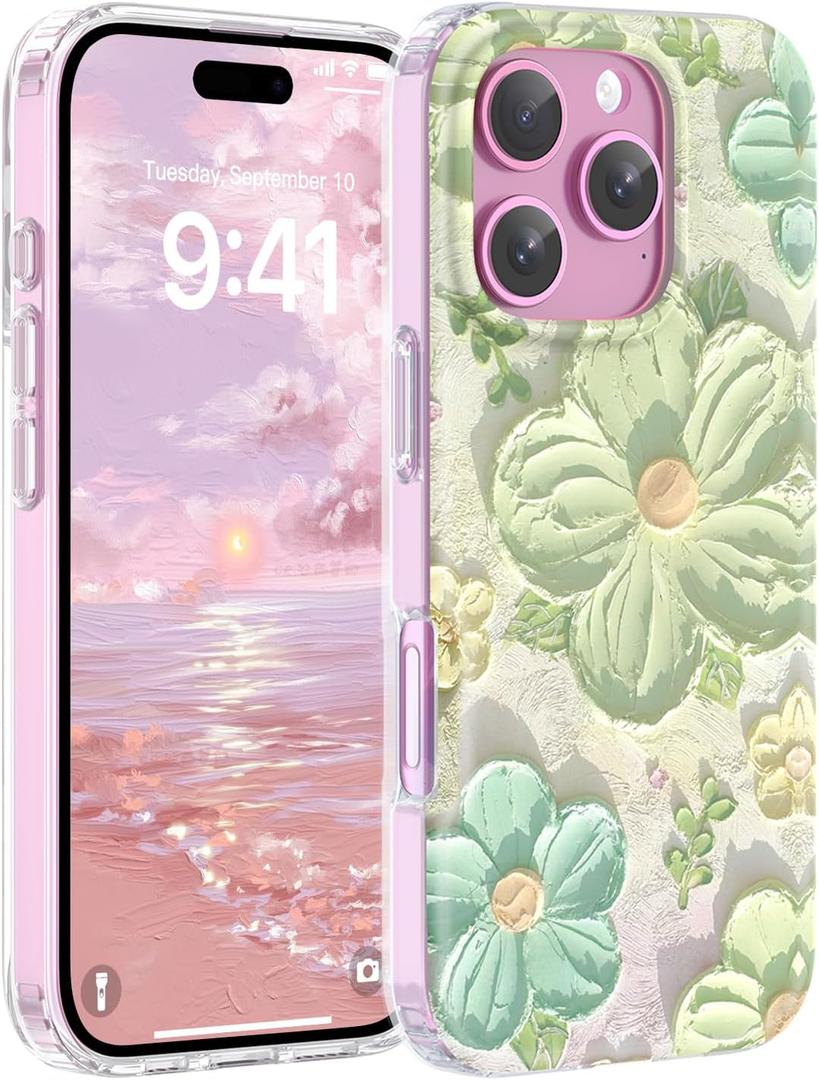 Magnetic for iPhone 16 Pro Case Cute for Women, [Compatible with Magsafe][Drop Protection] Slim Colorful Flowers Oil Painting Printed Girly Floral Phone Case for iPhone 16 Pro