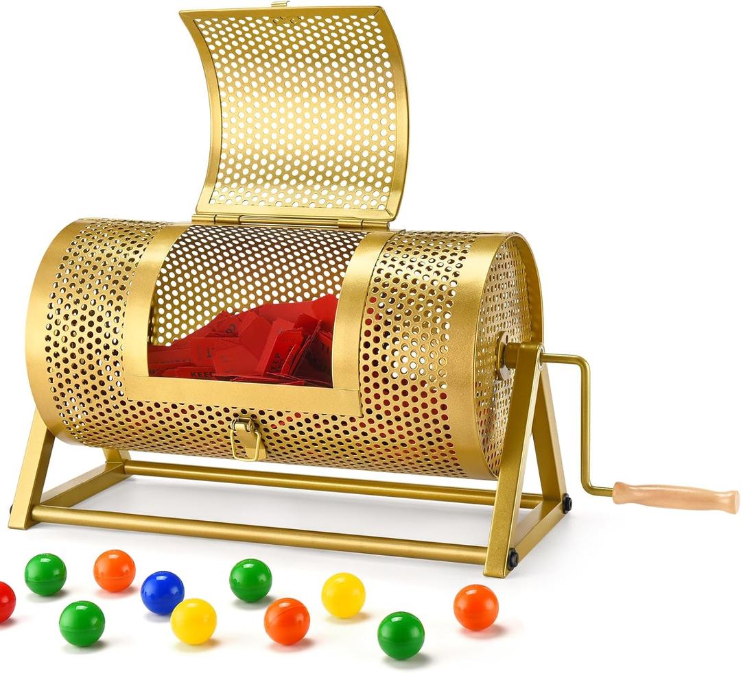 Raffle Drum 15" x 7" Holds 3,000 Tickets, Thickened Metal Raffle Ticket Spinner Box with Sealing Tape, Silent Design Raffle Ticket Cage with Wooden Turning Handle & Stable Tripod Stand for Games
