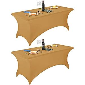 FORLIFE 2Pack Spandex Table Covers，Fitted Tablecloth for Rectangular Tables, Stretch Patio Table Covers, Universal Spandex Table Cover for Wedding, Banquet, Party (6ft, Gold)