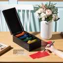 Henoyso 5 x 8 Inch Index Card Holder Set, Bamboo Organizer Box with 50 Dividers & 2 Sheets Alphabet Number Stickers File Note Holders, Holds 1200 Cards for Office Business Home Kitchen, Black