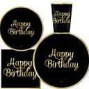 Oojami 180-Piece Happy Birthday Party Supplies Set  Serves 30 Guests with 9" Dinner Plates, 7" Dessert Plates, 12 oz Cups, and 3-Ply Napkins  Gold Foil Disposable Tableware Party Pack