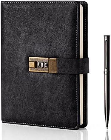 WEMATE Diary with Lock, A5 PU Leather Journal with Lock 240 Pages, Vintage Locks Journal Password Notebook with Pen, Locks Diary Planner Organizer for Men and Women, 8.6x5.8in Black
