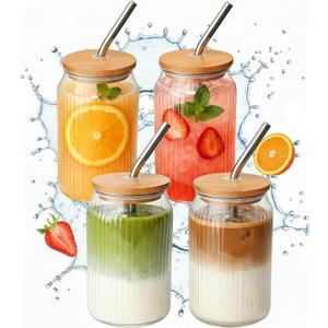 4 Packs Ribbed Glass Tumbler with Lid and Straw 16 oz Cute Ice Coffee Cup Set for Smoothie Juice Matcha Tea Latte Cappuccino Espresso Hot Coffe Water Reusable Clear Travel Boba Aesthetic Drinking Mug