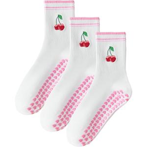 Mokde Mondge Pilates Socks with Non-Slip Grips Yoga Grippy Barre Workout Athletic Crew Anti-Slip Grip Socks for Women (US, Numeric, 5, 10, Regular, Regular, 3 Pairs pink cherry)