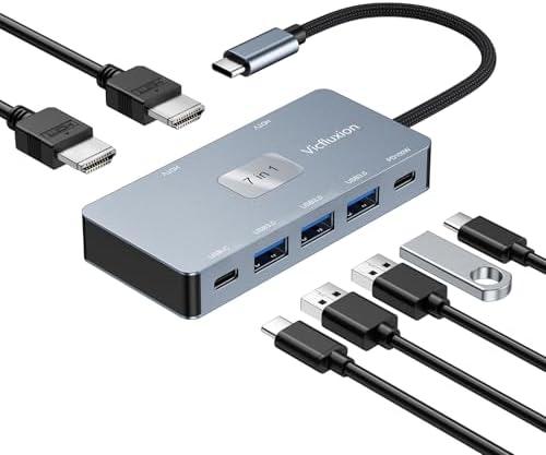 Vicfluxion 7-in-1 USB C Docking Station Dual Monitor, USB-C Hub with 2 HDMI Ports, 3 USB 3.0, 1 Type-C Data Port, 100W PD, Compatible with MacBook, Dell, HP, Lenovo, Surface Pack of 2