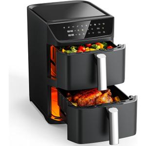 Dual Basket Air Fryer, 12.6QT Family-Size for 1012 People, XL Basket for 6LB Whole Chicken, DoubleStack Compact Design, 10-in-1 Functions with Reheat, Dehydrate & SyncFinish, Dishwasher-Safe, Black