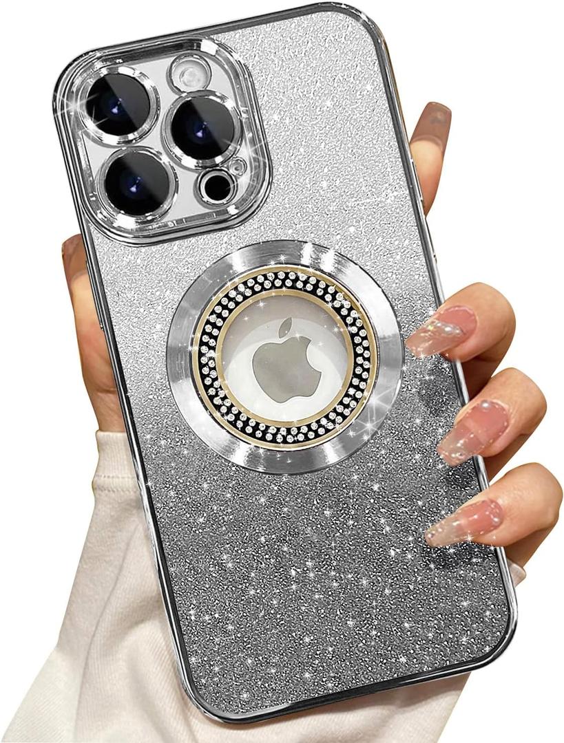 Misscase for iPhone 16 Pro Max Magnetic Glitter Case Compatible with MagSafe,Full Protection Slim Shockproof Anti-Scratch Case with Camera Lens Protector Logo View Dust-Proof Net for Women Silver