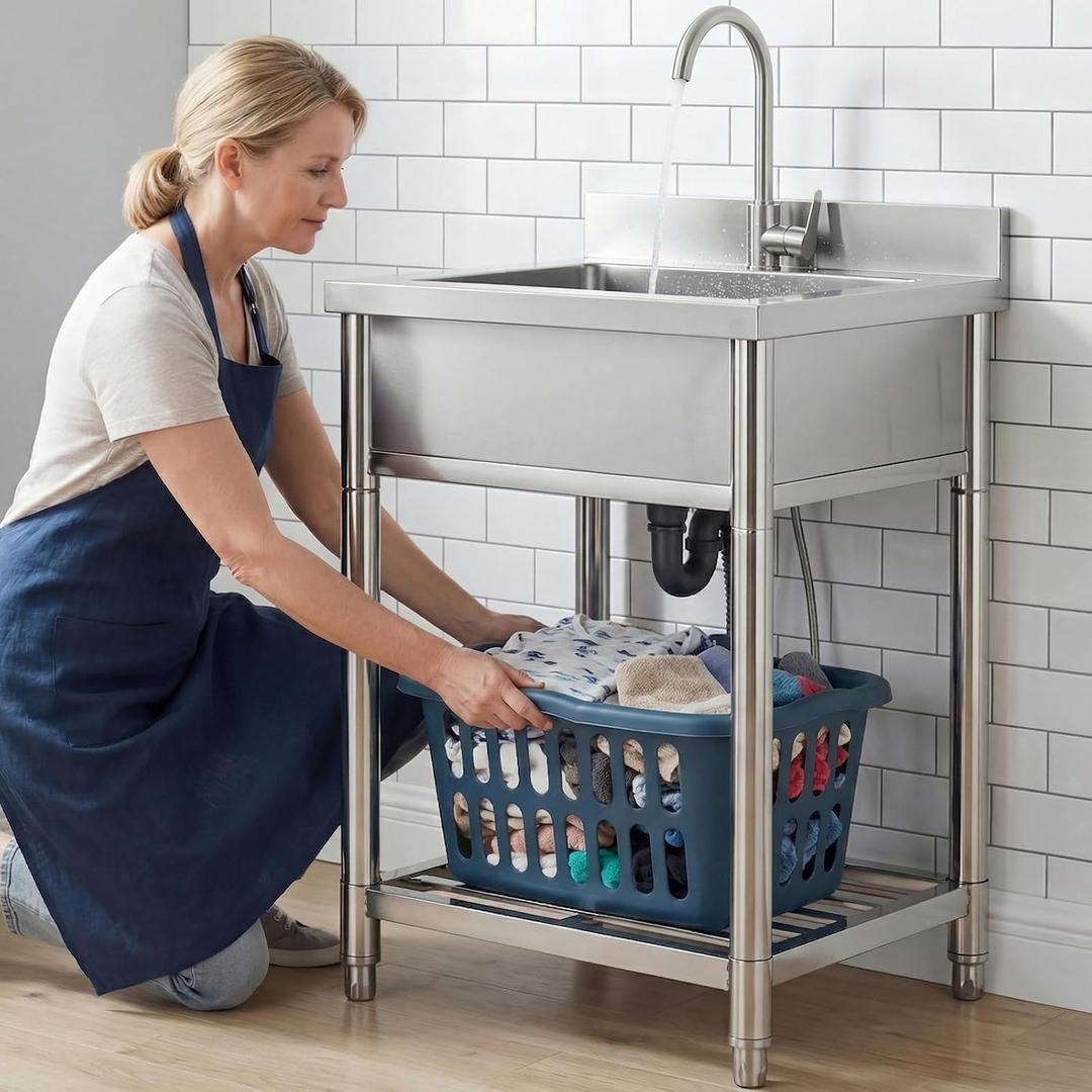 Stainless Steel Commercial Kitchen Sink, Free Standing, Single Bowl Sink Basin with Cold & Hot Water Faucet, Indoor and Outdoor Sink, 21.7 in, Modern Square - Handmade