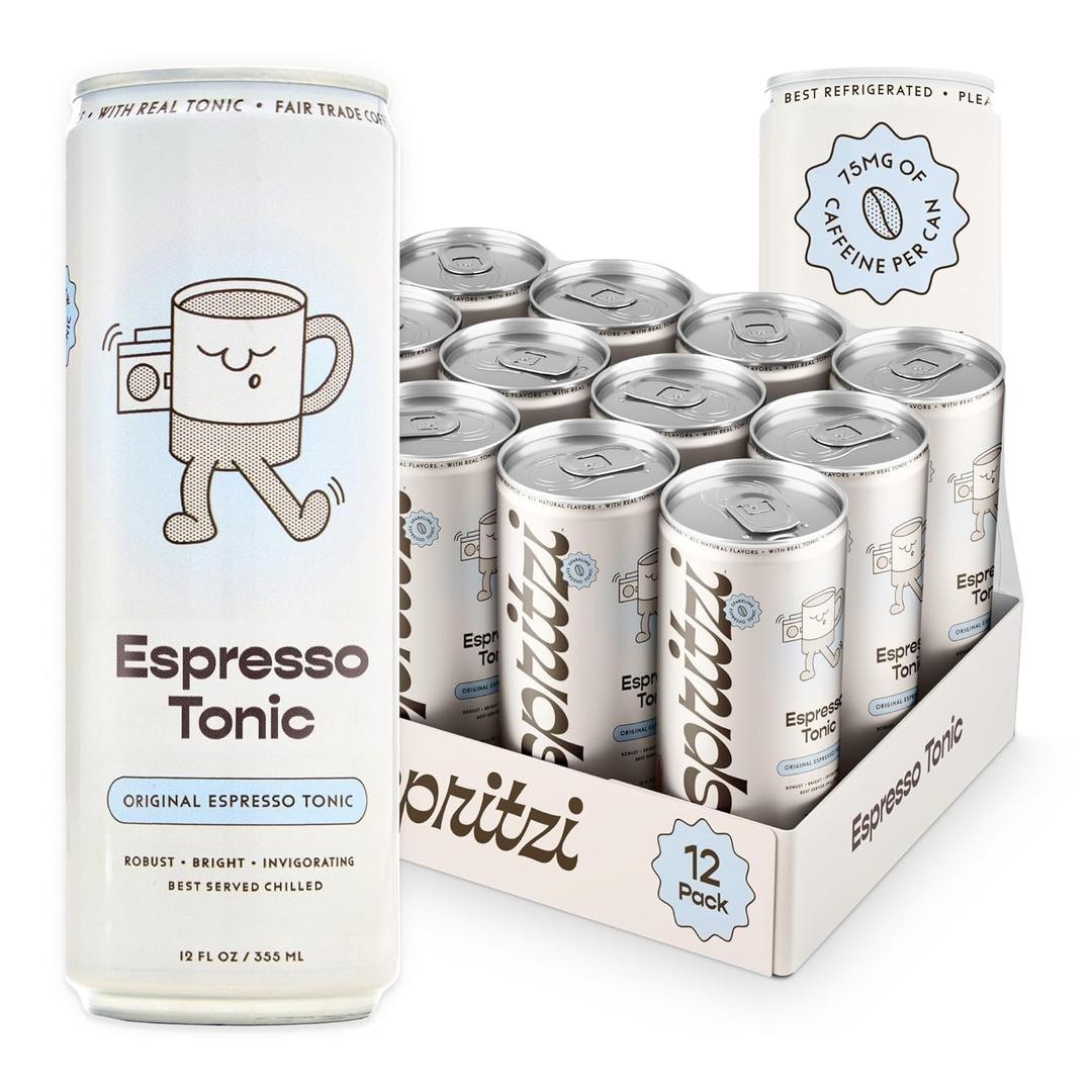Spritzi Original - Sparkling Espresso Tonic - 75mg Caffeine, 45 Cal, Fair Trade Coffee, Naturally Sweetened, Refreshing Energy Alternative - Canned Coffee Drinks (12 Fl Oz x 12 Pack)
, BBD 06/06/2026