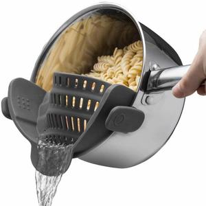 1pc Silicone Strainer, Adjustable Clip On Pantry Drainer for Pans & Bowls, Heat Resistant Fruit Washing Filter for Noodles, Pasta & Veggies (Gray)