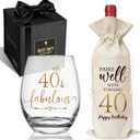 40& Fabulous Stemless Wine Glass Bag Birthday Gifts Set for Women Men, Elegant 40th Bday Decorations wine glass bag for Her Him, Funny birthday Glasses gift set for Family Friends Coworkers-56