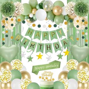 Sage Green Birthday Decorations Green Gold Party Decor Olive Green Gold White Sand Balloons Set Happy Birthday Banner Gold Fringe Curtain for Kids Men Women Girls Boys Green Birthday Party Supplies