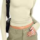 Trendy Queen Womens Long Sleeve Shirts Fall Fashion 2025 Basic Crop Tops Going Out Workout Outfits Y2k Clothes (Small, Apricot)