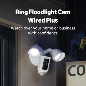 Ring Floodlight Cam Wired Plus, Outdoor home or business security with motion-activated 1080p HD video and floodlights, 1 Camera White