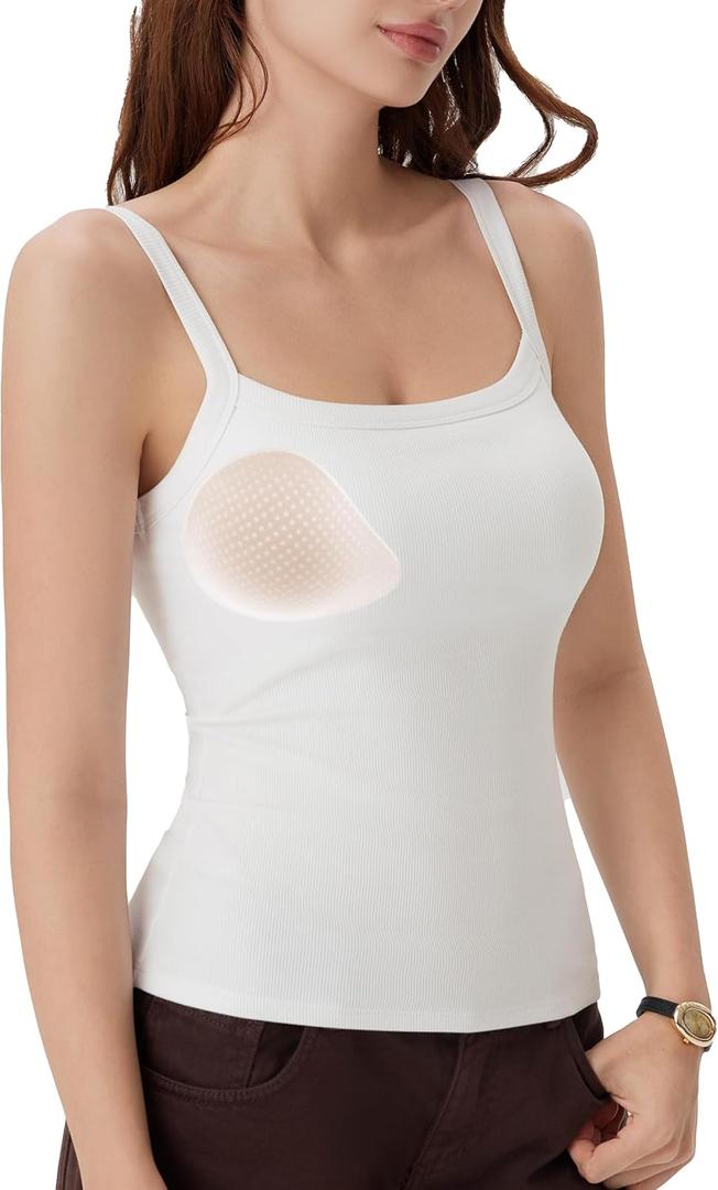 SUUKSESS Women Cotton Rib Padded Tank Tops Sleeveless Spaghetti Strap Square Neck Tops Summer Camisole Going Out Shirts (X-Large, Snow White)