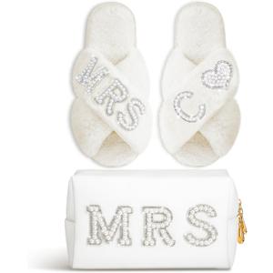 Xtinmee Personalized Initial Wedding Bride Slippers MRS Pearl Letter Makeup Bag Bridal Shower Gifts for Wedding Day (C)