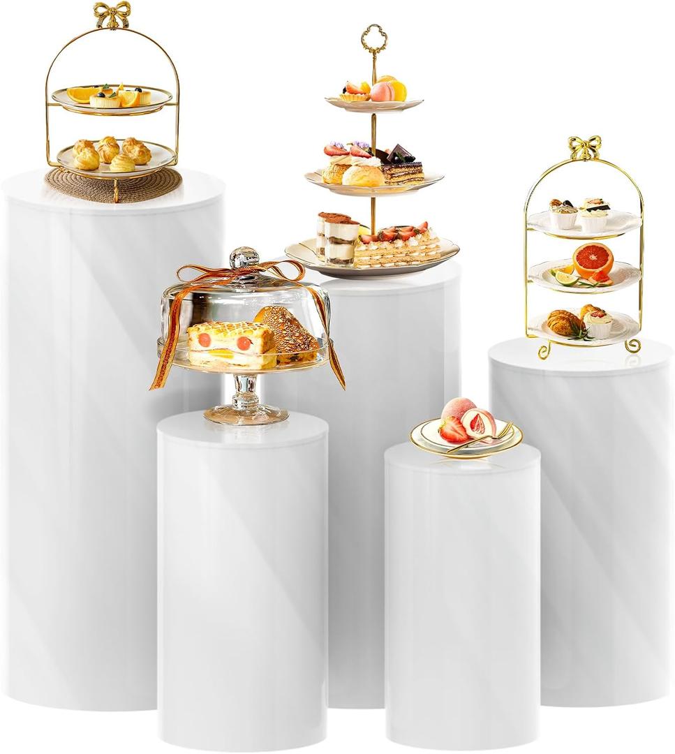 White Cylinder Pedestal Stands for Party- 5 Pieces , Large White Cake Pedestal Stand, Pedestal Display Plinth Pillars for Wedding Ceremony Birthday Party Art Decor-- 15.7*35.43''(L),14.17*29.5''(M),12.99*23.6''(S), 21.6*11.8"(XS), 19.68*10.6"(XXS)