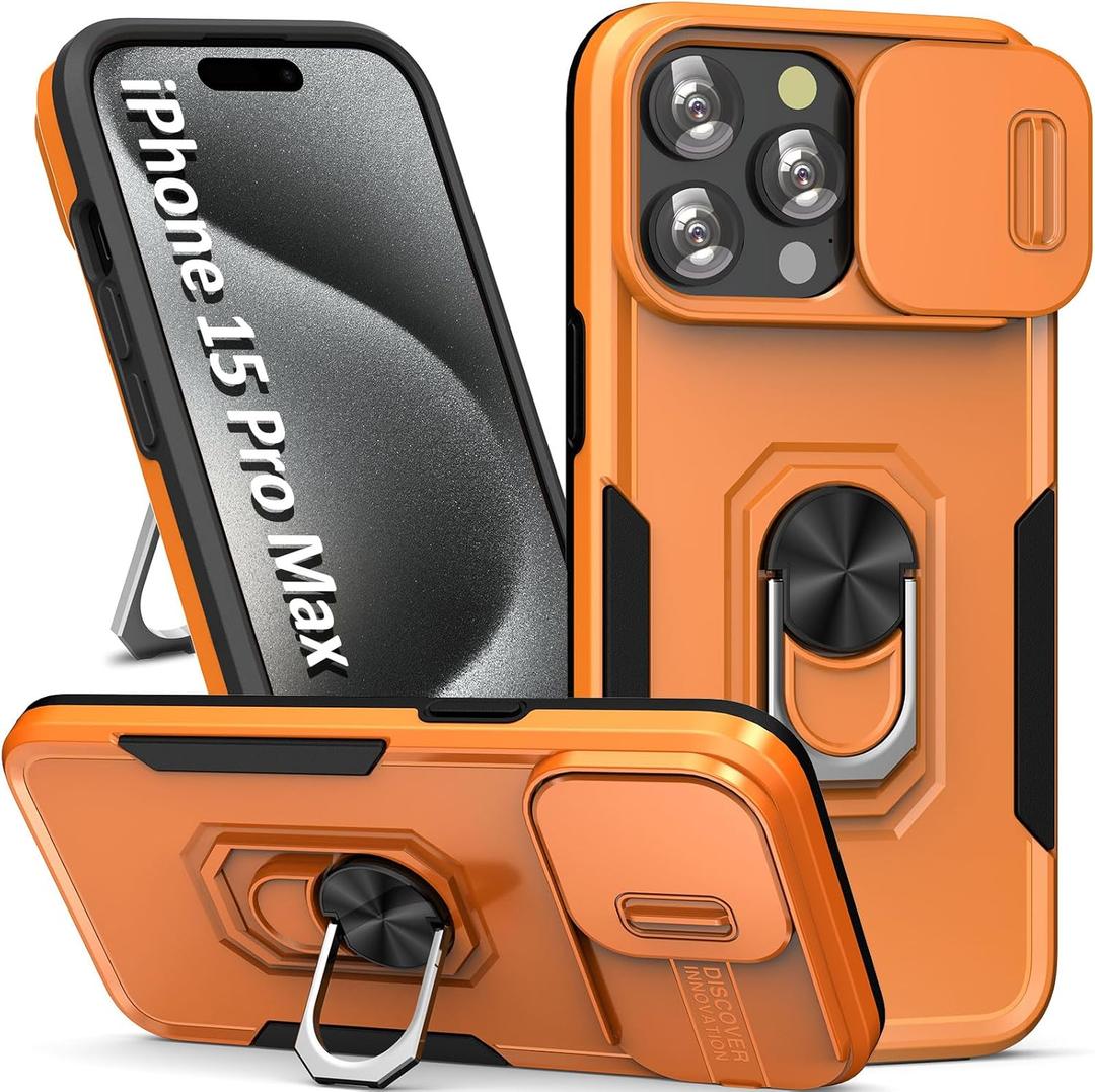 Phone Case for iPhone 15 Pro Max Case iPhone 15 Pro Max Phone Case with Camera Lens Cover, with Ring Holder Kickstand, fit Magnetic Car Mount, for iPhone 15 ProMax - Orange