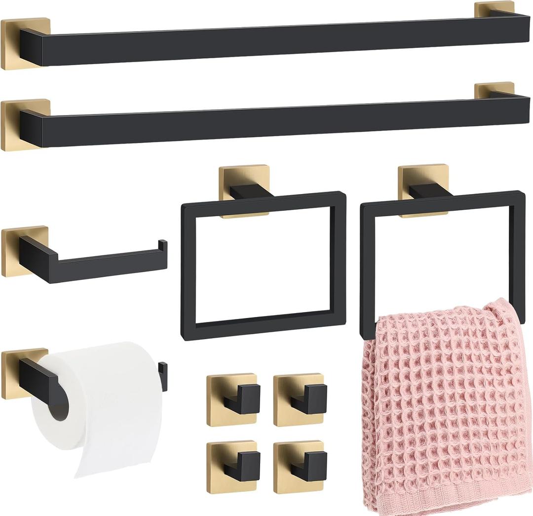 Gisafai 10 Pcs Black Gold Bathroom Hardware Accessories Set 23.6 Inch Bath Towel Bar Kit Stainless Steel Bathroom Hardware Set Towel Racks Ring Robe Hooks Paper Holder for Wall Mounted
