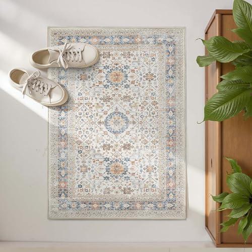 jinchan Area Rug 2x3 Washable Entryway Rug Distressed Orange Multi Vintage Floral Kitchen Print Floor Cover Indoor Doormat Retro Bathroom Living Room Bedroom Office Farmhouse