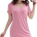 Cherrydew Womens Soft Cooling Nightshirt Short Sleeve Bamboo Viscose Nightie V Neck Lightweight Nightgown S-XXL (Pink, XXL)