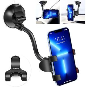 ivoler Car Phone Mount Windshield, Long Arm Clamp Universal Windshield with Double Clip Strong Suction Cup Cell Phone Holder Compatible with iPhone 15 14 13 Pro Max XS 7 8 Plus, Galaxy S24 S23 Ultra