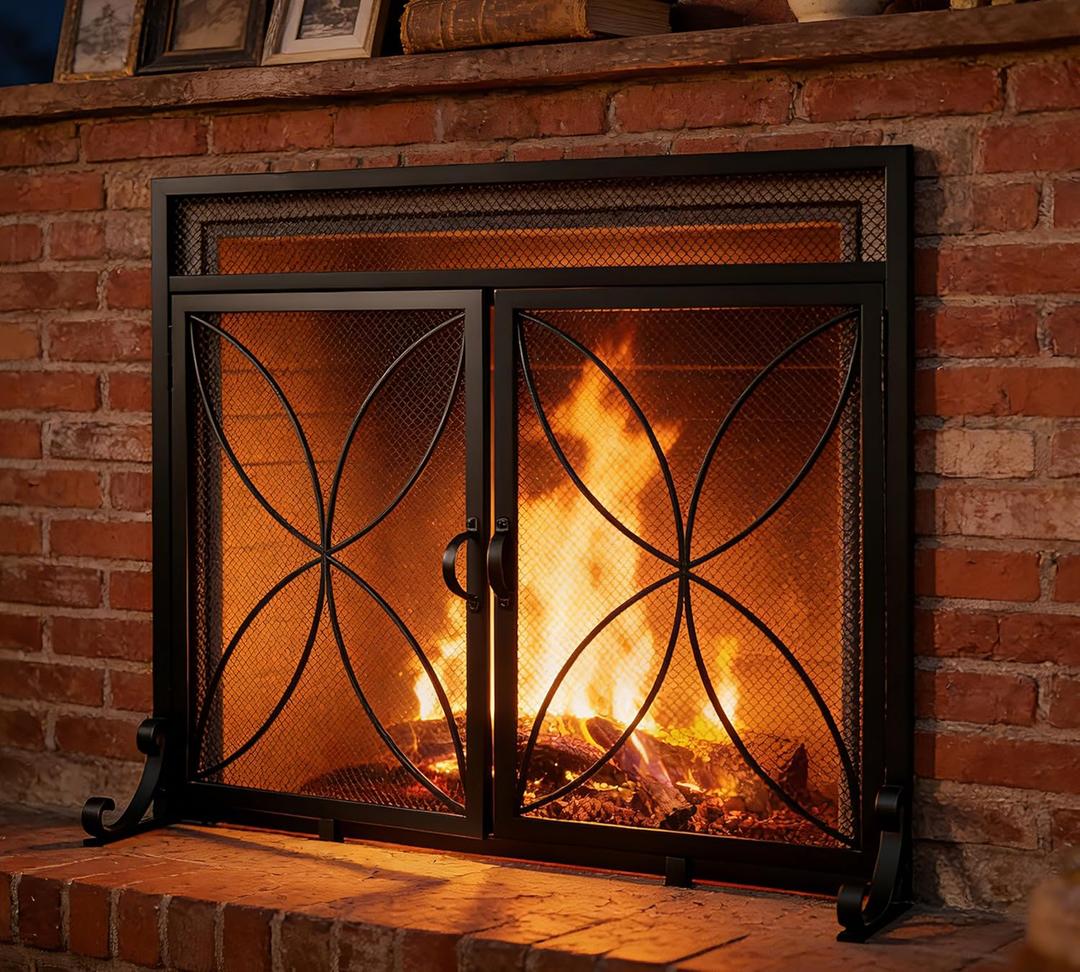 Fire Beauty Fireplace Screen with Magnetic Doors,Large Metal Fire Place Screen for Home,Spark Guard,Metal Furnace Fireguards,Baby Safe Spark Guard Protector,Black