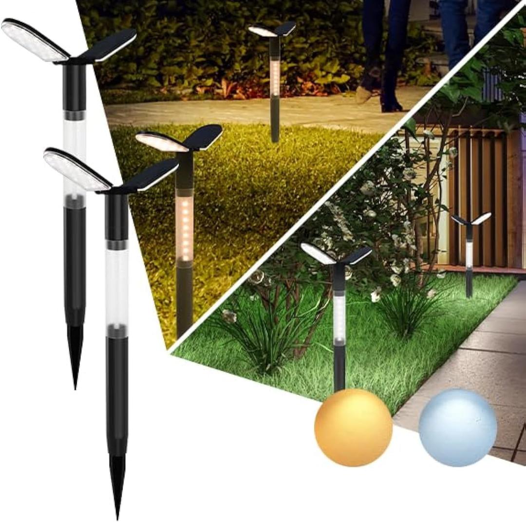 EMANER Solar Lights Outdoor 2-Pack, 2000LM Big Solar Light, Cool and Warm White Pathway Light Warm & Cool White, Dusk to Dawn Stay On Walkway Lights 2200mAh for Garden Sidewalk Yard (Black)