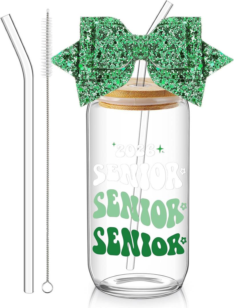 Hushee Class of 2027 Senior Night Gifts 16 oz Glass Water Bottle with Lids Straws Glitter Bow Straw Topper Senior 2027 Tumbler Graduation Gift for Her Women Team Coach Player(Green)
