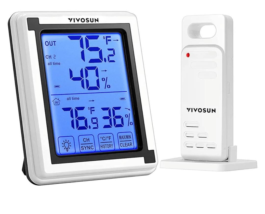 VIVOSUN Indoor Outdoor Thermometer Wireless Digital Hygrometer Temperature and Humidity Monitor with Touchscreen LCD Backlight, 200ft/60m Range, Battery Included