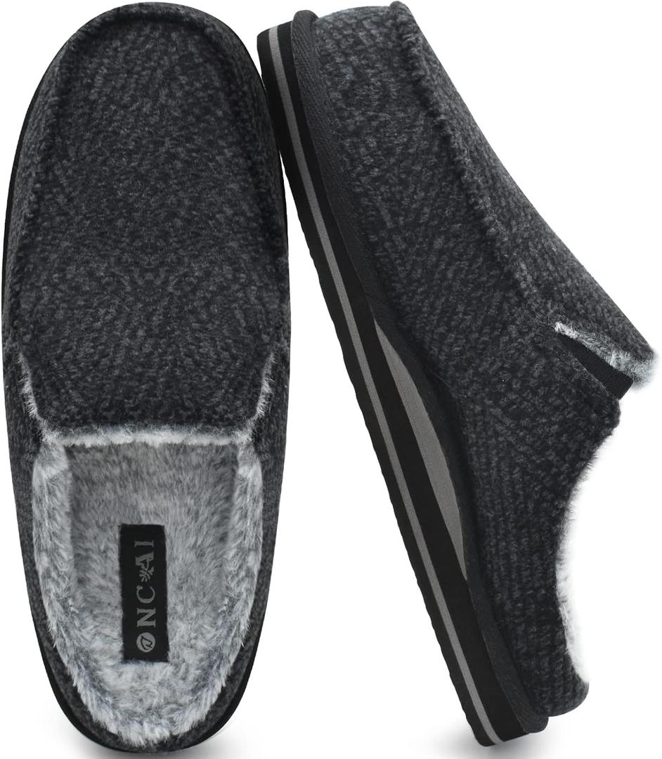 ONCAI Mens Slippers with Orthotic Arch Support, Cotton-Blend High-Density Memory Foam Plantar Fasciitis House Slippers Warm Stripe Faux Fur Clogs Slip-on Indoor Outdoor Rubber Sole Black, Size 15