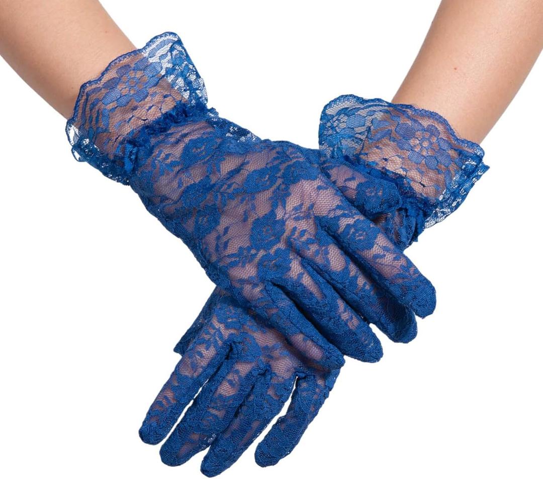 3 x ALVOGIMOR Lace Gloves for Women Wedding Tea Party, Evening Short Courtesy Gloves for Opera,1920s Party,Costume Accessory (Blue)