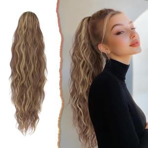 SOFEIYAN Curly Ponytail Extension, 26 inch Long Wave Drawstring Blonde Hair Ponytail Extension Synthetic Pony Tail Hairpiece for Women, Brown & Blonde