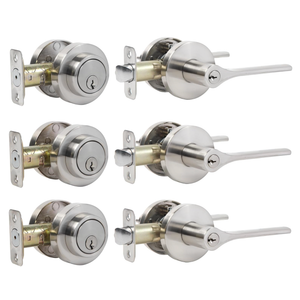JESSTTI Door Handles Exterior,Keyed Entry Lever and Single Cylinder Deadbolt Combo Pack, Doorknob with Lock and Key, Round Entry Door Locksets Front Door, Satin Nickel (All Keyed Alike) 3Pack