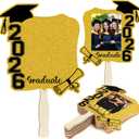Graduation Face Fans with Handle Double Sided Custom Graduation Face Cutouts Fans on a Stick DIY Photo Frame for Class of 2026 Grad Photo Props Graduation Party Souvenirs Supplies(12 Pcs,Gold)