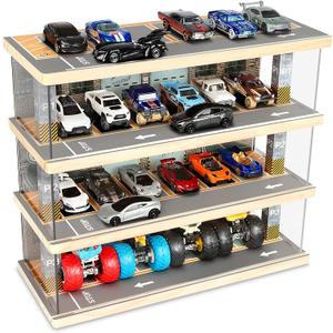 Saichotoy Storage for Hot Wheels: Toy Car Parking Garage Diorama with Lights - Freestanding Display Case for 1/64 Scale Diecast Cars with 4 Levels 24 Spots Maximum 40 Cars
