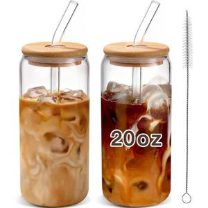 Iced Coffee Cups with Lids 2 pcs: 20 oz Glass Cups with Lids and Straws as Coffee Bar Accessories - Beer Drinking Glasses - Reusable Glass Tumbler,Cute Coffee Cups for Coffee,Juice,Gifts