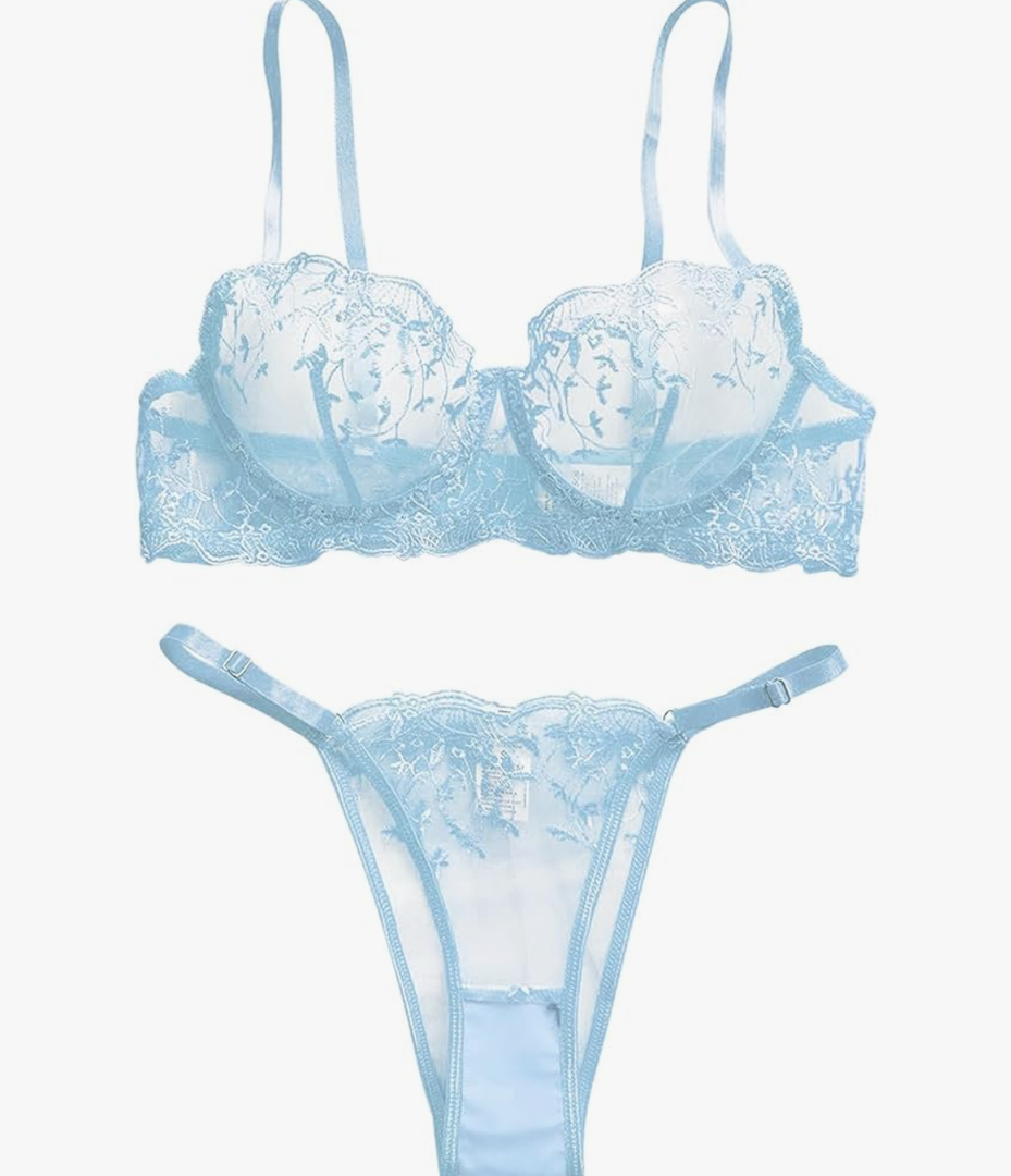 Lilosy Sexy Floral Embroidered Mesh Women Underwire Push Up Lingerie Set Small