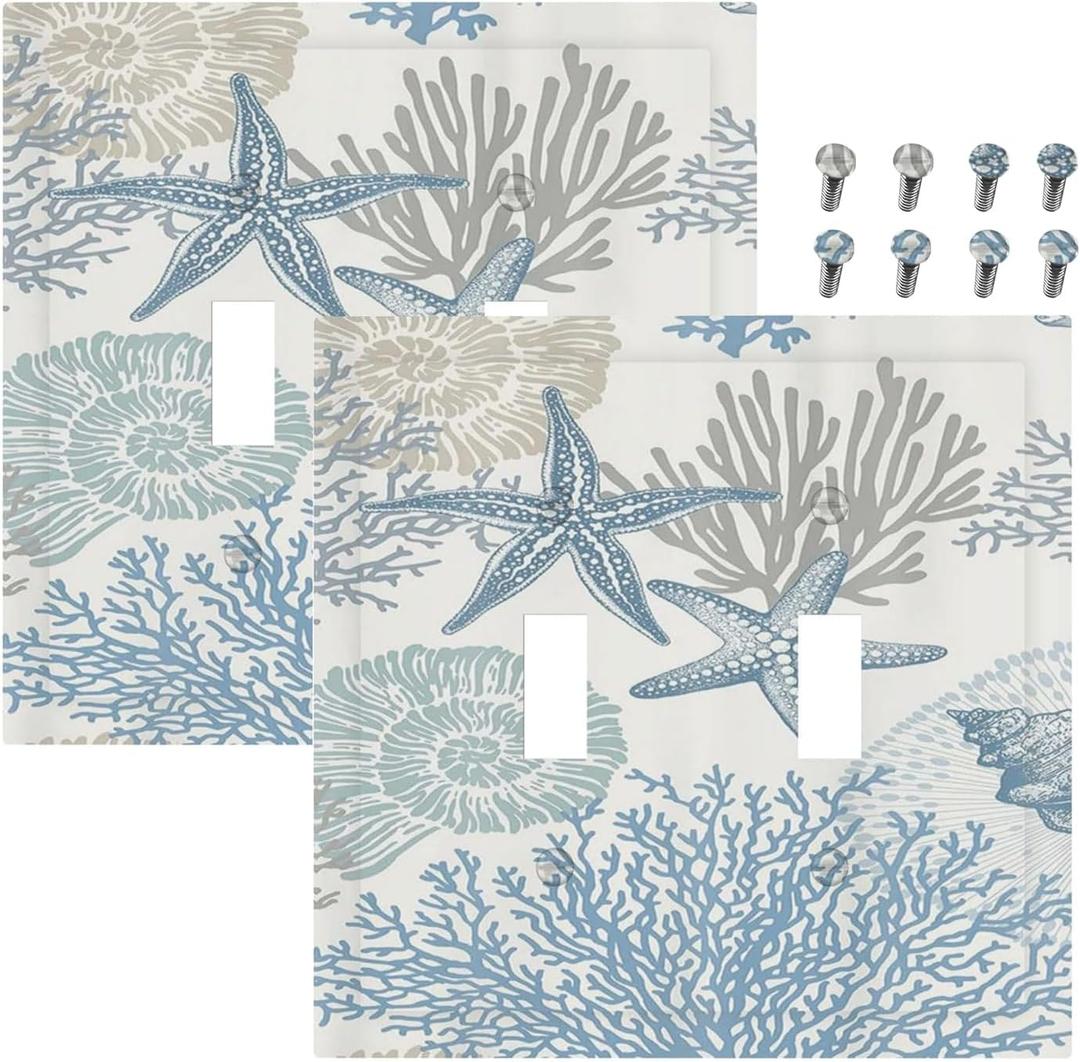 Decorative Light Switch Plate Covers Blue Starfish Coral Seaweed 2 Gang Light Switch Cover Plate Double Toggle Wall Plate Outlet Covers for Bathroom Bedroom Decor 2 Pack