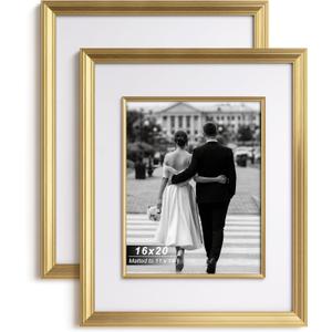 Yaetm 16x20 Gold Picture Frame with Decorative Inner Frame & Tempered Glass, Display 11x14 Photos with Mat on Wall - Portrait or Landscape - Ideal for Office & Home Dcor (Gold, 2 Pack)