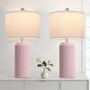 23.5 Modern Pink Table Lamps Set of 2 for Living Room, Ceramic Bedside Lamps with White Linen Shade for Girls Room, Rustic Nightstand Lamps for Bedroom Home Office, Cute Lamps for End Table Dorm