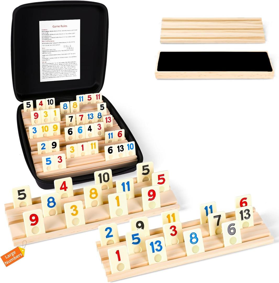 Rummy Cube Set, 2026 New 8 Player Edition with 8 Wooden Racks/Trays, 214 Large Numbers Rummy Melamine Tiles with Zippered Case, Rummy Travel Game Set - Classic Board Games for Family Adults Kids